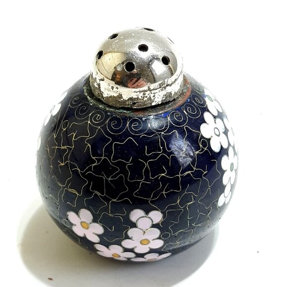 Chinese Cloisonne Salt  Vintage Enamel Brass Floral Black Blossoms  Pink - Picture 2 of 7